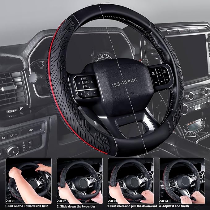 CAR PASS Leather Rubber Steering Wheel Cover Combo Set Universal Fit for Truck SUV Car Ram F150 Tundra 4Runner Tacoma Mobile Phone Holder Anti-slip Heavy Duty Tire Tread Large-size 15.5"-16" Black Red
