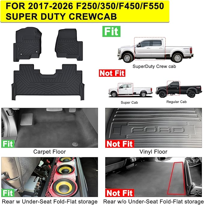 Heavy-Duty TPE Floor Mats for 2017-2026 Ford F-250/F-350/F-450/F-550 Crew Cab, 1st & 2nd Row Custom Fit (Fits Bucket Seats/Factory Rear Storage Box) 4 Door Ford Accessorie
