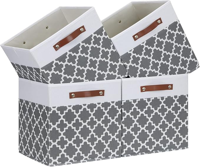 Temary Cube Storage Bins 13x13 - 4 Pack Cube Storage Bins for Shelf with Handles (Grey Lattice)