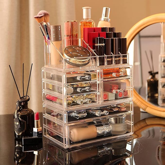 Cq acrylic 3 Pack Clear Skincare Organizer for Vanity, Stackable 7 Drawers Make Up Organizer,Cute Cosmetic Organizer for Vani