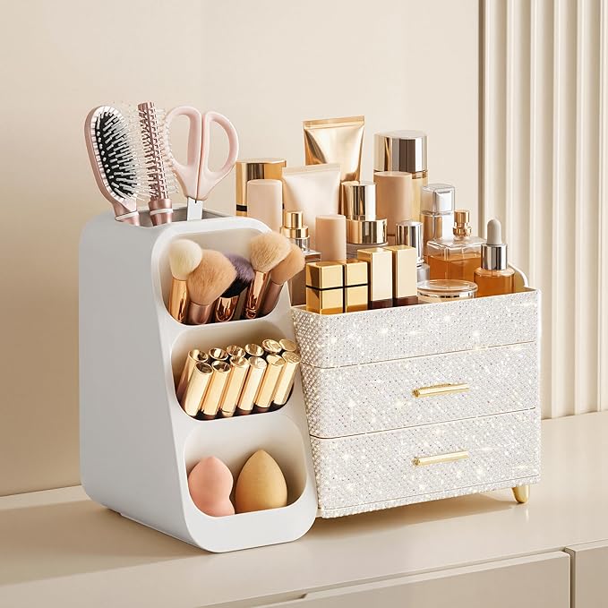 HBlife Makeup Organizer with Brush Holder for Vanity, Large Plastic Bathroom Countertop Organizer Skin Care Storage, Easy to 