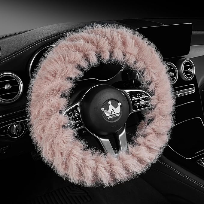 Fuzzy Winter Steering Wheel Covers for Women, Warm Cute Fluffy Car Wheel Cover for F150, Trucks, Jeep, Van, Soft Furry Auto Plush Large Car Handle Cover for Cold Weather, 15.2-16in, Pink