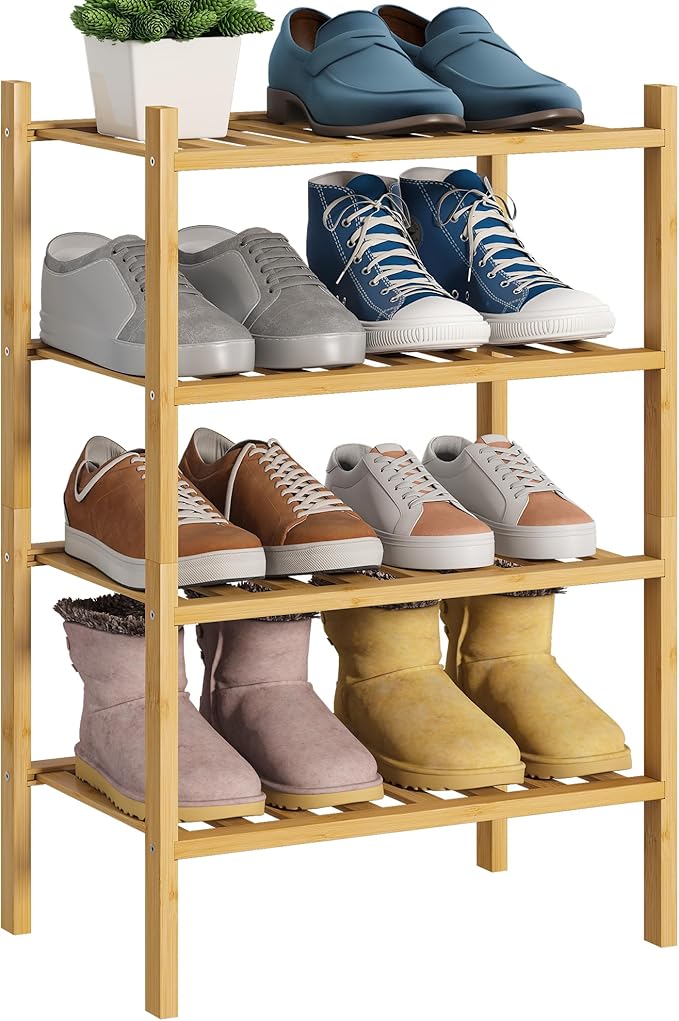 BMOSU 4-Tier Bamboo Small Shoe Rack Premium Stackable Shoe Shelf Storage Organizer for Hallway Closet Living Room Entryway Or