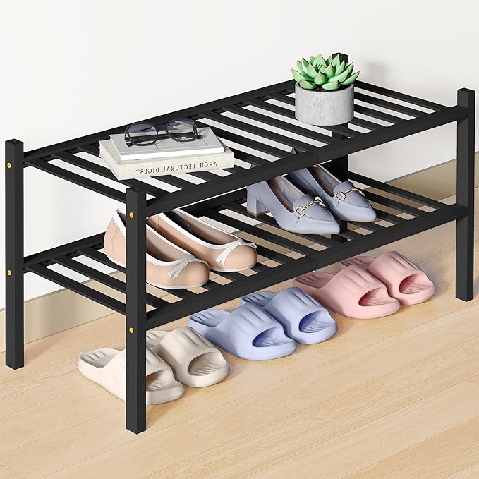 Smiry Bamboo Shoe Rack for Closet, 2 Tier Wooden Stackable Shoe Organizer, Free Standing Shoes Storage Shelf for Entryway, Fr