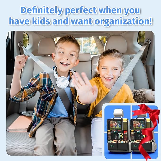 Car Backseat Organizer with Tablet Holder,11 Storage Pockets with Foldable Food Tray, Protector Kick Mats for Kids, Travel Accessories Organizer (Black, 2-Pack)