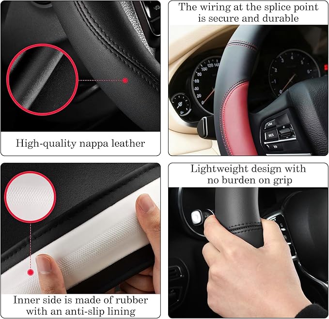 Wine Red Car Steering Wheel Cover, Nappa Leather, Bottom Color Blocking, Universal 14.5-15 Inch Leather Anti-Slip Breathable 
