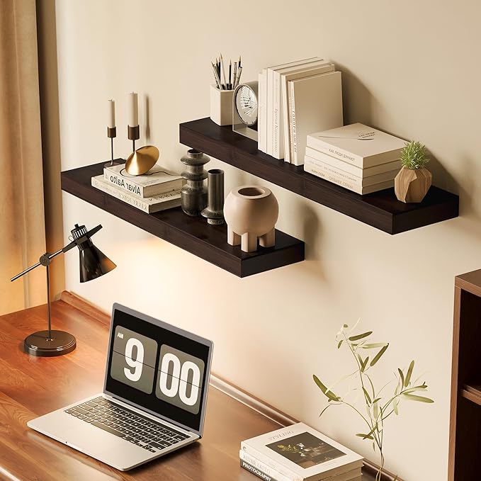 BAMEOS Solid Bamboo Floating Shelves, Set of 2 with Invisible Brackets, Natural Wood Grain Decor for Living Room, Bedroom, Ki