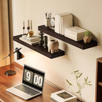 BAMEOS Solid Bamboo Floating Shelves, Set of 2 with Invisible Brackets, Natural Wood Grain Decor for Living Room, Bedroom, Ki
