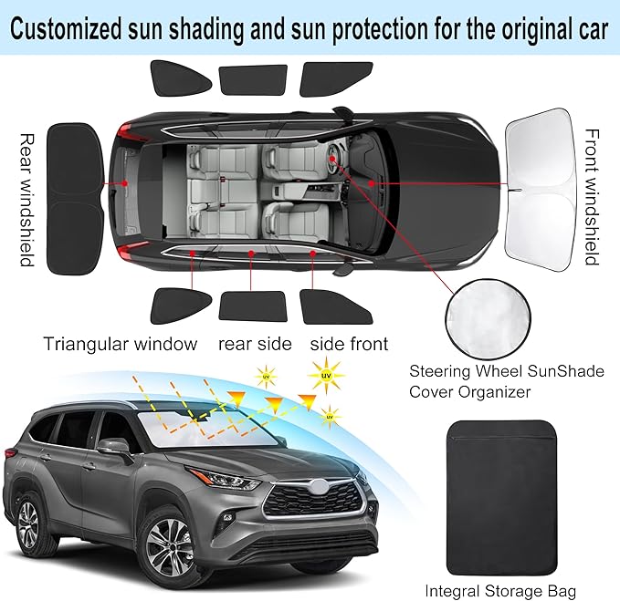 TINGLU Window Shades 8PCS for Toyota Highlander 2020-2026 Accessories Car Side Full Windows Rear Triangular Windshield Sun Shade Sun UV Rays & Privacy Protection for Camping,Napping,and Relaxing