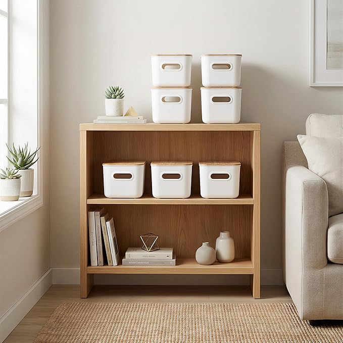 Citylife Storage Bins with Bamboo Lids 7QT Plastic Storage Containers Stackable Organizer Boxes with Handle for Desk Snacks, 