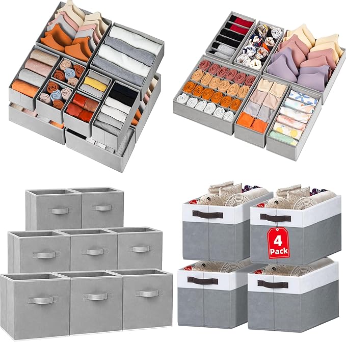 Closet Organizers and Storage Bins Set for Clothes, Toys, Beddings - 18 Pack Drawer Organizers for Clothing+ 8 Pack 11 inch C