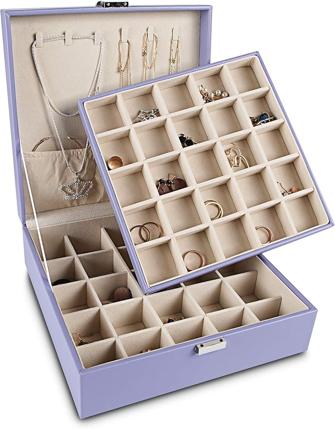 Frebeauty Earring Organizer Classic Jewelry Box 50 Slots Double Layer Jewelry Storage Case with 6 Necklace Hook and Bracelet 