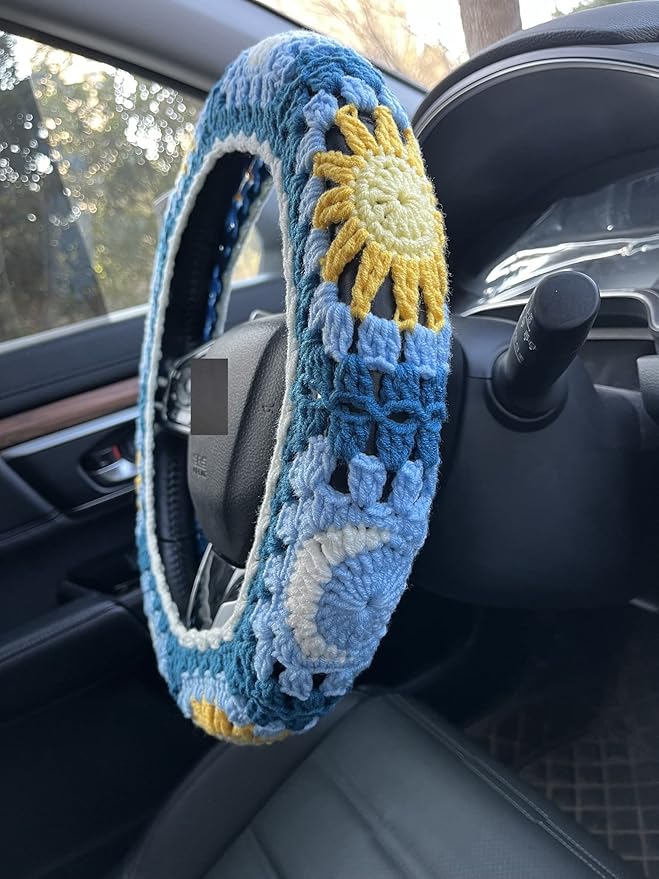 Handmade Crochet Sun and Moon Car Steering Wheel Covers Universal 14-15 inch for Women and Men (Steering Wheel Cover)
