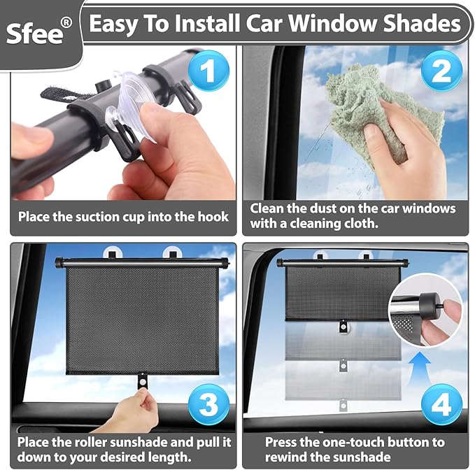 Sfee Car Window Shades for Baby-2 Pack Retractable Side Window Car Sun Shade Blocks UV Rays & Heat for Sun Protection Roller Sunshade Visor Window Shade for Kids,Passengers,Pets (20''x22'')