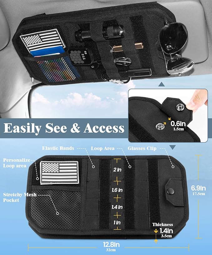 DEEPLITE Car Sun Visor Organizer with Double Zipper Multi-Pockets & Glasses Clip, Semi-Rigid Molle Panel with Patch for Driving Essentials - Heavy Duty Straps Fits Trucks, SUV, Vehicles