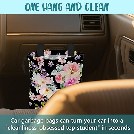 Car Trash Bag Watercolor Pink Flowers Leak-Proof Waterproof Car Garbage Bag with Drawstring Foldable Canvas Trash Bin with Adjustable Buckle for Car Accessories, Travelling, Camping