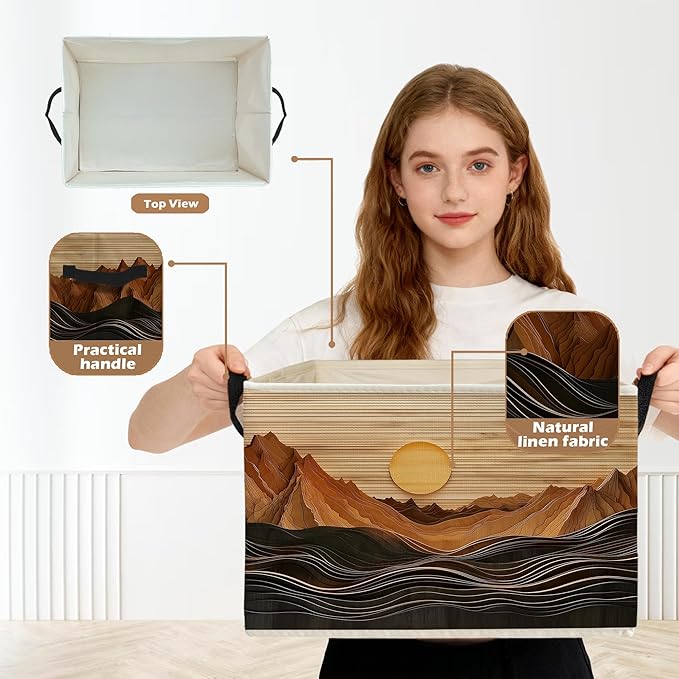 Boho Abstract Sun Mountain Storage Box Bins, Rustic Modern Abstract Boho Collapsible Storage Basket Organizer for Bedroom Lau