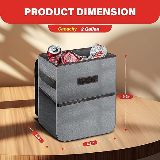 Simple Deluxe Car Trash Can, Multipurpose Bin with Lid and Storage Pockets, Collapsible Adjustable Straps and Portable Organizer, 2 Gallon, Grey