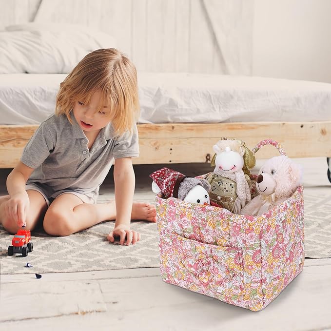 Storage Basket Boho Fabric Large Collapsible Floral Laundry Nursery Hamper Portable Folding Storage for Clothes Toys (Yellow)