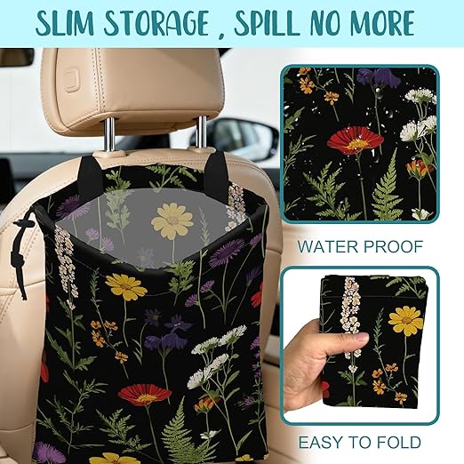 Car Garbage Bag Colorful Flowers and Green Fern Hanging Canvas Car Trash Bag Drawstring Car Back Seat Organizer for Car Back Front Seat Console with Adjustable Buckle