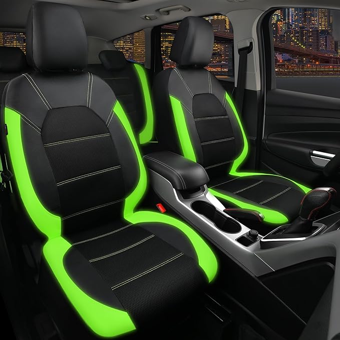 CAR PASS Luminous Green Leather seat Covers Universal Sport car seat Cover, 5mm Composite Sponge Inside, Airbag Compatible fi
