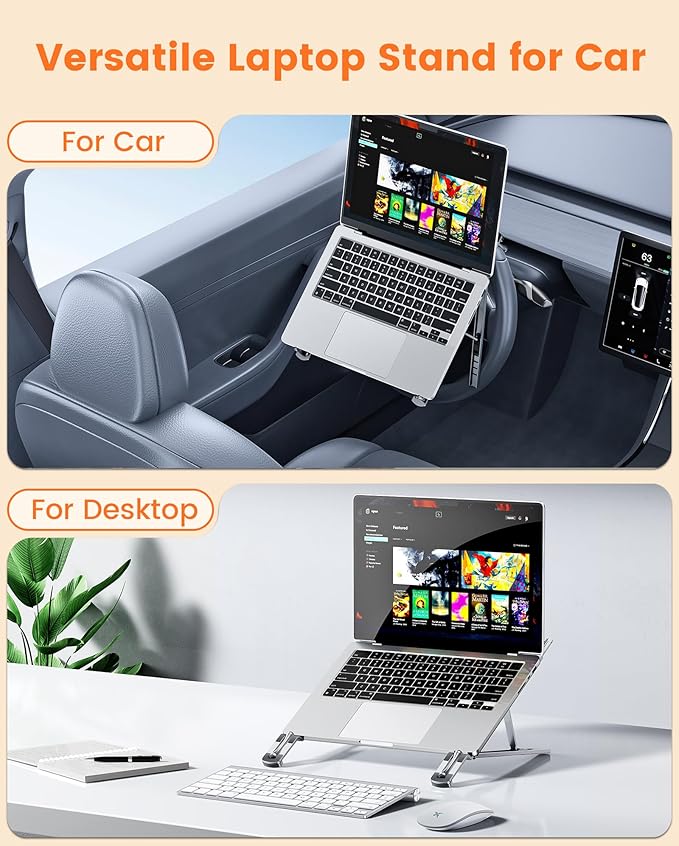Steering Wheel Laptop Holder for Car SUV Pickup Truck Tesla Vehicle Workstation, Adjustable Foldable Portable iPad Tablet Laptop Stand for Desk, Tiktok Car Travel Essentials 2026 -Silver