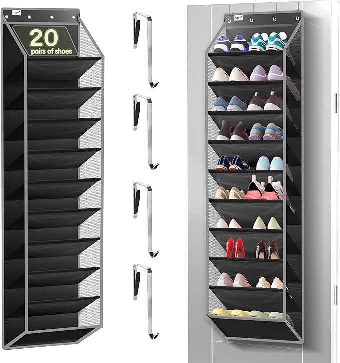 Kotkn 10 Tier Over The Door Organizer - Heavy Duty Hanging Storage Rack with Sturdy Oxford Fabric, Holds 20+ Pairs of Footwea
