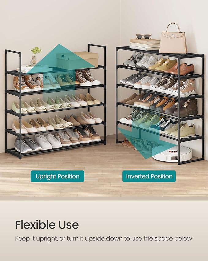 SONGMICS Shoe Rack, 5-Tier Shoe Organizer, Metal Storage Shelf, Upright or Upside Down, for 20-25 Pairs, Stackable, for Entry