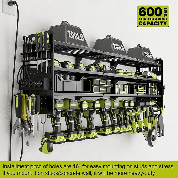 12 Cordless Drill Holder Large Power Tool Organizer Wall Mount with Side Pegboard & Screwdriver Holder, 4-Tier Heavy Duty Met