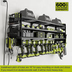 12 Cordless Drill Holder Large Power Tool Organizer Wall Mount with Side Pegboard & Screwdriver Holder, 4-Tier Heavy Duty Met