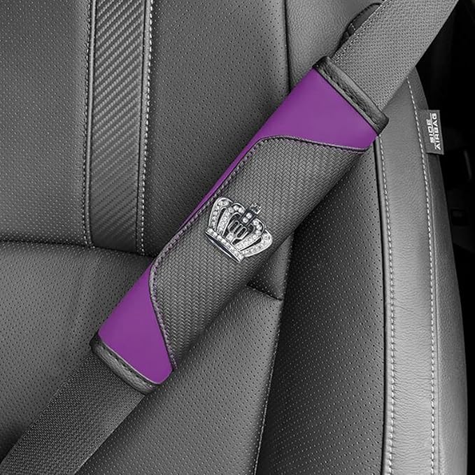 Car Seat Belt Cover 2 Pcs Leather Shoulder Pad with Bling Crown Protector Car Safety Strap Covers Accessories,Purple