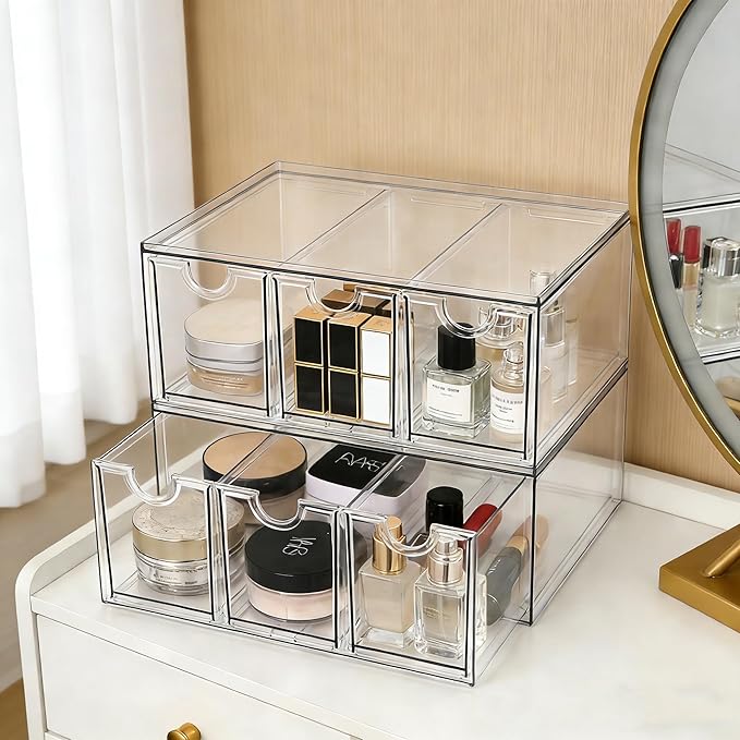 Prsildan Acrylic Makeup Organizer, 2 Pack Stackable Storage Drawers with 6 Drawers for Office Desk Vanity Craft Room Clear Dr
