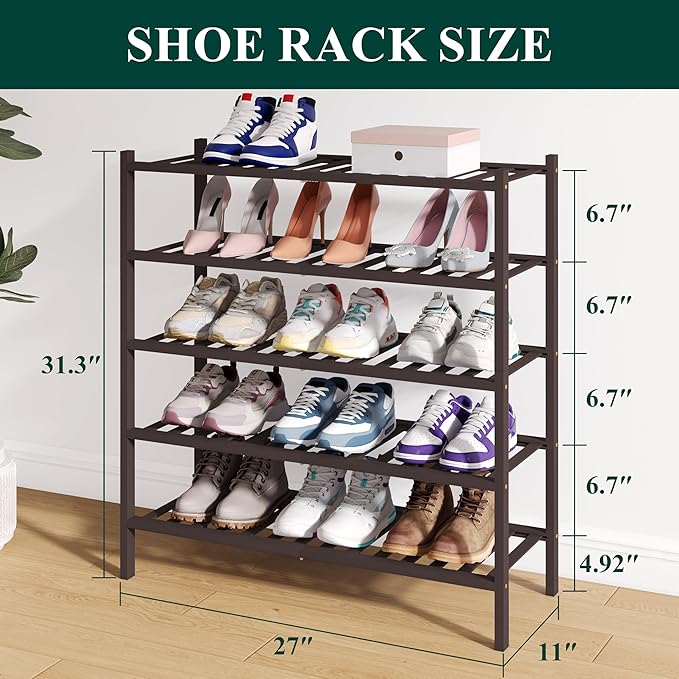 Smiry Bamboo Shoe Rack for Closet, 5 Tier Wooden Stackable Shoe Organizer, Free Standing Shoes Storage Shelf for Entryway, Fr