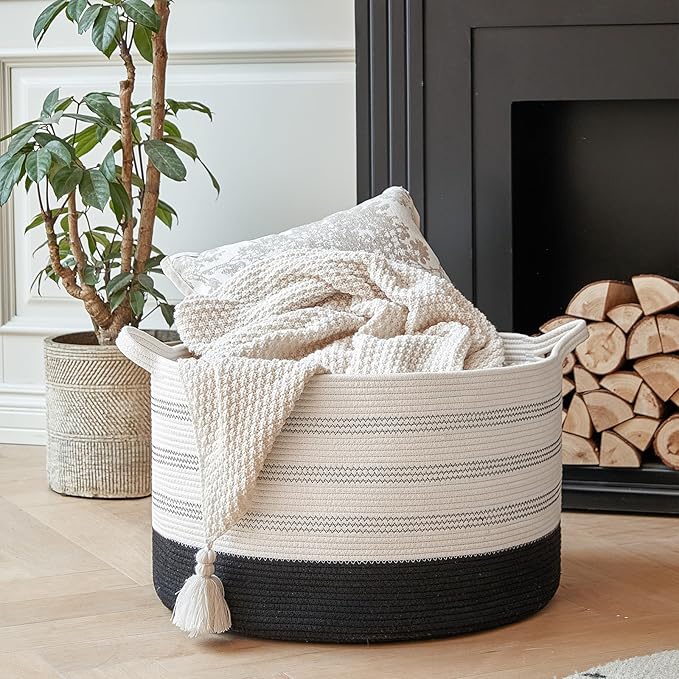 R RUNKA XXXLarge Cotton Rope Basket 22" X 22"X 14" Blanket Basket for Living Room Woven Basket Soft Baby Laundry Blanket Bask