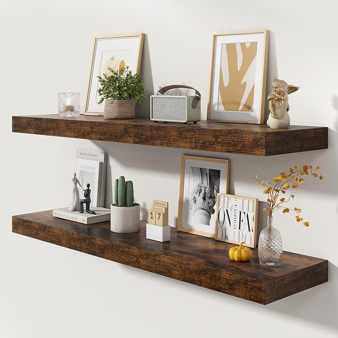 48 Inch Floating Shelves | 12 Inch Deep Floating Shelves Set of 2 | 48" W x 12" D Rustic Brown Wood Wall Shelves for Bathroom
