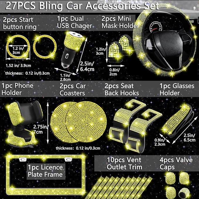 NBTEPEM 27 PCs Yellow Bling Car Accessories Set for Women, Steering Wheel Covers Universal Fit 15 Inch, Bling License Plate Frame, Bling Phone Holder, Bling Car Coasters (Yellow Diamond)