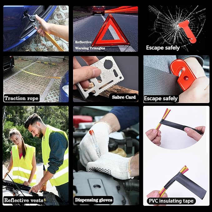 Emergency Roadside Kit for Car,Emergency Kits for Vehicles,Jumper Cables headlamps car Glasses Holder,Roadside Emergency Kit 