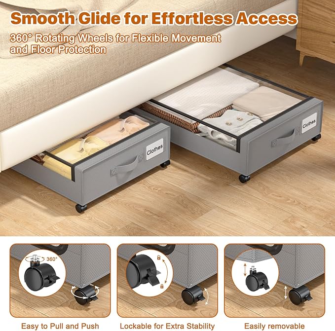Under Bed Storage with Wheels,XXL 60L Under Bed Storage Containers with Clear Lids, Rolling Under Bed Metal Drawer for Clothe