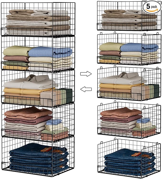 Yociyoga 5-Tier Stackable Closet Organizers and Storage Shelves, Closet Shelf Organizer Basket Bins, Foldable Sweater Storage
