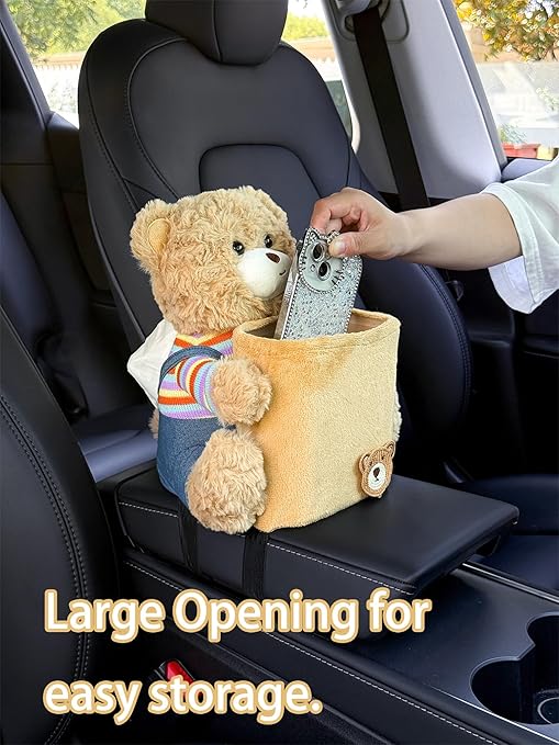 Cute Car Trash Can with Tissue Holder Teddy Bear Tissue Box Console Stuffed Animal Organizer Plush Doll Multifunctional Creative Accessories for Women Rainbow Bear