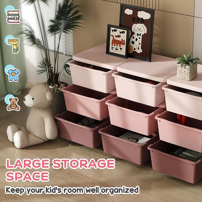 Qaba 3 Tier Kids Storage Unit, Toy Organizers and Storage with 9 Drawer Chest for Kids Bedroom Nursery Kindergarten Living Ro