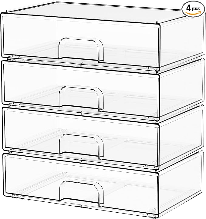 Yieach 12.1''W Clear Stackable Storage Drawers,4Pcs Acrylic Drawer Organizer for Hair Accessories,Makeup Organizers,Plastic O