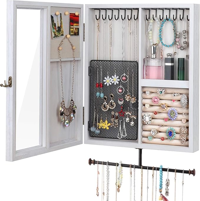 Keebofly Wall Mounted Jewelry Organizer With Rustic Wood Large Space Jewelry Cabinet, Holder, Storage Box for Necklaces, Earr