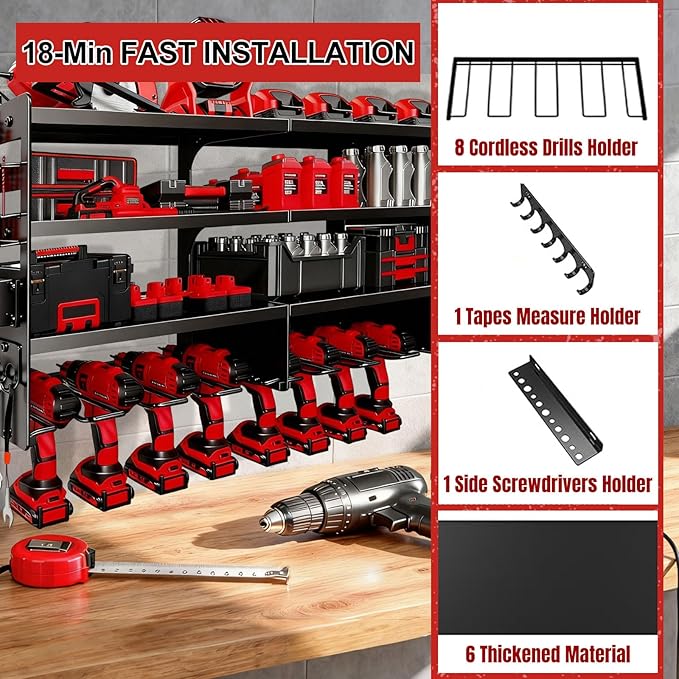 33" W Power Tool Organizer with Charging Station, 4 Layers Heavy Duty Metal Tool Storage Rack Wall Mount 8 Cordless Drill Hol
