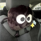 Car Headrest Pillow & Steering Wheel Cover Set with Cute Big-Eyed Furball Travel Neck Support Pillow Fur Car Interior Accessory (Black 3Pcs Set)