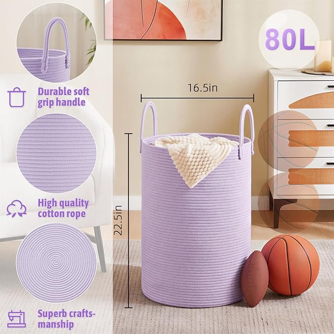 Artfeel Laundry Basket,Woven Cotton Rope Laundry Hamper,80L for Decorative Storage of Dirty Clothes,Toys and Blankets in Bath