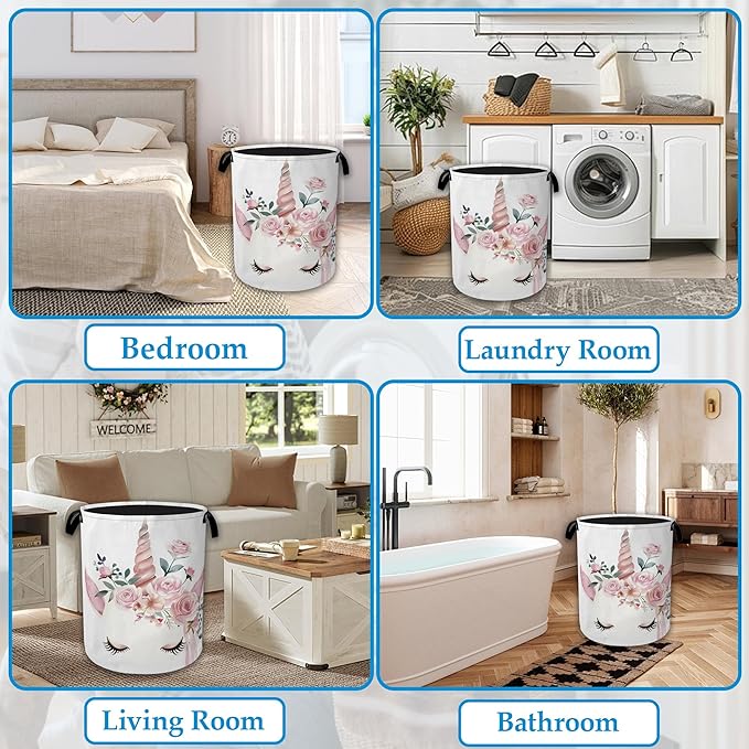 Cute Unicorn Laundry Basket Collapsible Laundry Hamper Clothes Toy Storage Bin for Bathroom Bedroom Room Decor 16" X 20.8"