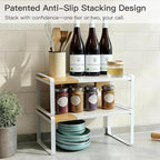 Expandable Cabinet Shelf Organizer & Spice Rack, Stackable Kitchen Counter Riser with Anti-Slip Legs, Bamboo Cupboard Storage