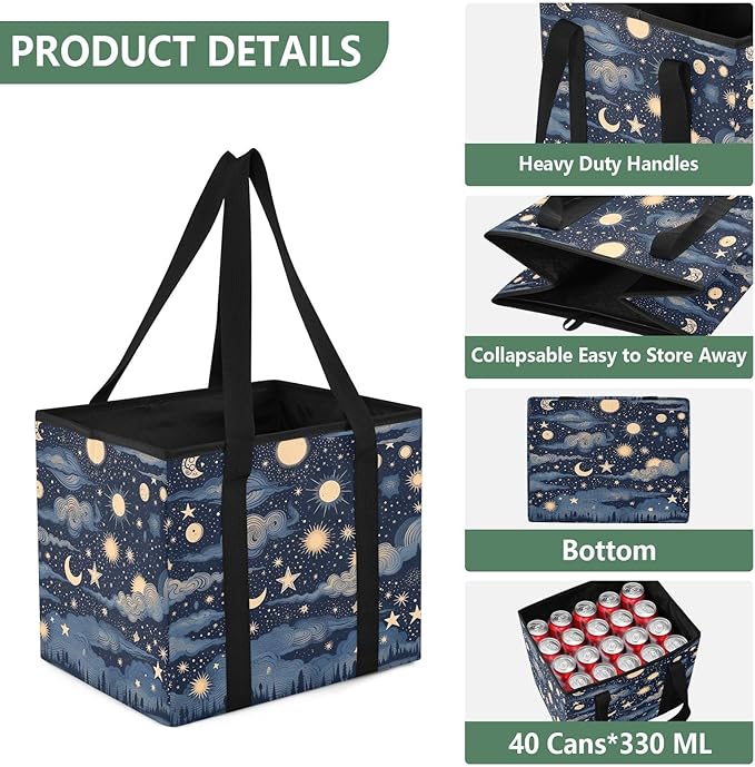 Stars and Moon Reusable Grocery Bags Large Shopping Tote Bag with Reinforced Bottom Board, Water Resistant Foldable Storage B