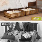 Bamboo Under Bed Storage with Wheels,Rolling Underbed Shoe Organizer Box for Shoes,Blankets,Toys,Clothes Container Space-Savi